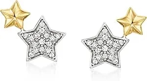 Ross-Simons 0.15 Ct. T.W. Diamond Star Earrings In Sterling Silver And 14kt Yellow Gold