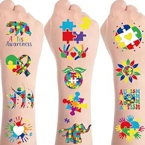 8 Sheets 200+ World Autism Awareness Temporary Tattoos Ribbon Love Needs No Words Tattoos Stickers Inspirational Autistic Party Decorations Favors Autism Awareness Month Tattoo Gifts Rewards Supplies