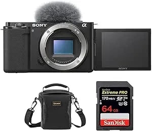 Sony Alpha Zv-e10 Mirrorless Camera, Aps-C Interchangeable Lens Vlog Camera, Bundle With Sandisk 64gb Memory Card, Multi-Device Shoulder Bag, Sony 1-Year Limited Warranty, Black