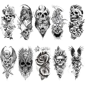 Skull Temporary Tattoos For Men Half Arm Sleeve, Realistic Large Skull Flower Fake Tattoo Sticker Adult Boy Forearm, Waterproof Black 3d Wolf Skeleton Floral Temp Tatoo Shoulder Body Art, 10-Sheet