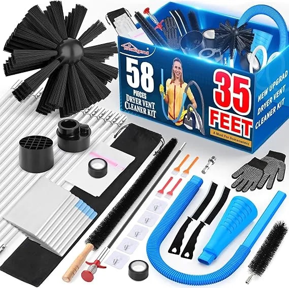 Sealegend 58-Pieces 35-Feet Dryer Vent Cleaner Kit, Dryer Cleaning Tools - Omnidirectional Blue Dryer Lint Vacuum Attachment, Dryer Vent Brush, Clean Hard-To-Reach Areas, Remove Hidden Lint