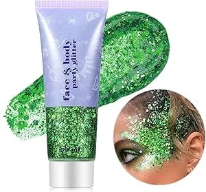 Go Ho Green Body Glitter,St Patricks Day Face Glitter Makeup,Green Face Paint Holographic Chunky Sequins Glitters For Eye Hair Nails,St Pattys Outfit Women Sparkle Accessories