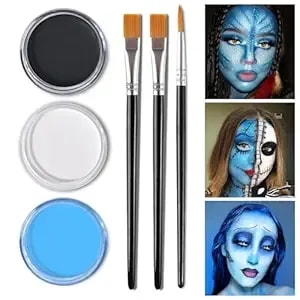 Kyda Black White And Light Blue Face Paint Kit, Face Body Painting Kit With Brush For Sally Corpse Bride Smurf Avatar Mermaid Demon Sfx Makeup And Costume Cosplay, Eyes For Spot Games