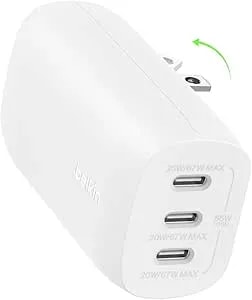 Belkin 3-Port Usb C Charger Block 67w - Pps, Usb-C pd3.1 Super Fast Charging Charger - Samsung Galaxy s25, Apple Iphone 17, Air, Pro, Macbook, Airpods, Apple Watch, Nintendo Switch 2 & More - White