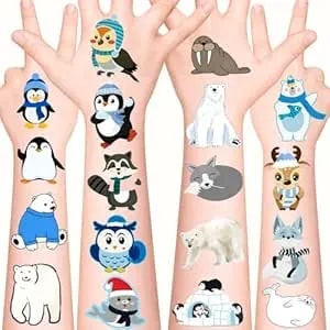 96pcs Polar Bear, Penguin, Seal, Arctic Fox Tattoos Stickers - Arctic Animal Temporary Tattoos Stickers - Winter Birthday Party Decorations Supplies Favors Gifts For Kids Pre School