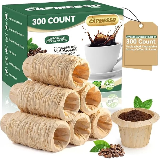 Capmesso Disposable Coffee Paper Filters Replacement Keurg Filter Compatible With Reusable Single Serve Pods Keurg Coffee Maker-300 Count (Natural)