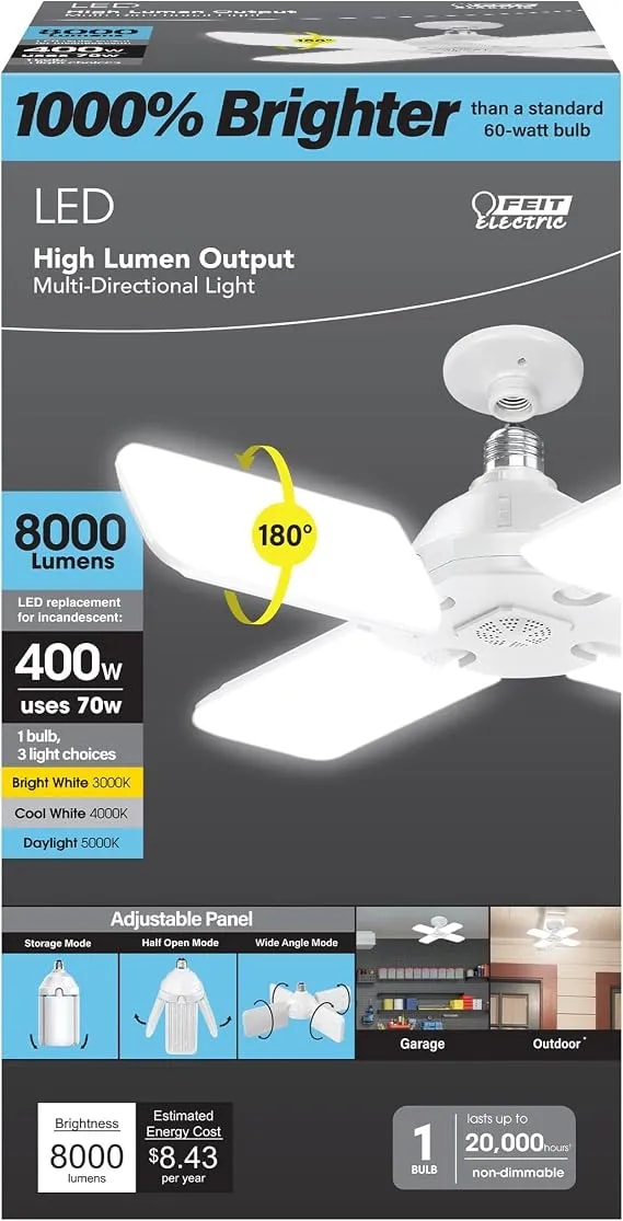 Feit Electric Led Garage Light, Multiple Adjustable Panels, e26 Base, Ideal For Garage, Workshop, Shed, 25,000-Hour Lifetime
