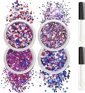 Allstarry Chunky Body Glitter 4 Colors Patriotic Face Makeup Glitter - Independence Day Hair Sequins Sparkle Veterans Day Eye Flakes 4th Of July Accessories For Olympics Party Women Face Paint