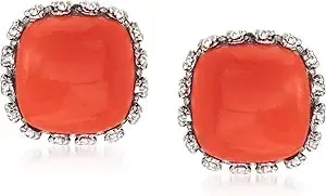 Ross-Simons Orange Coral Square Stud Earrings In Sterling Silver