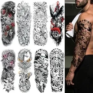 Aresvns Full Arm Sleeve Temporary Tattoos For Men Women, 8 Sheets Waterproof Realistic Temp Fake Tattoo Stickers With Zeus Cross Warrior Lion For Cosplay Pool Parties And Halloween