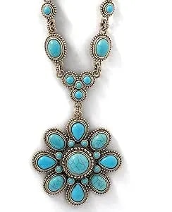 Jessica Simpson Womens Large Turquoise Stone Flower Necklace 16" - Silver Or Gold-Tone Turquoise Statement Necklace