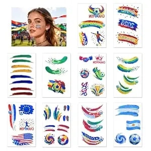 2026 Summer Soccer Match Temporary Tattoo Stickers, Cartoon Soccer Face Makeup Stickers, Waterproof Soccer Themed Tattoos For Sports Events Party Favors Cheerleading Decorations For Adults, 10 Sheets