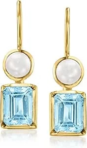 Ross-Simons 5mm Cultured Pearl And 3.40 Ct. T.W. Sky Blue Topaz Drop Earrings In 18kt Gold Over Sterling