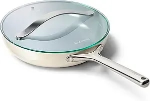 Caraway Nonstick Ceramic Frying Pan With Glass Lid (2.7 Qt, 10.5") - Non Toxic, Ptfe & Pfoa Free - Oven Safe & Compatible With All Stovetops (Gas, Electric & Induction) - Cream