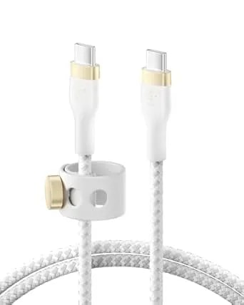 Belkin Boostcharge Pro Flex Braided Usb-C To Usb-C Charger Cable (2m/6.6ft), Usb-If Fast Charging Cable For Iphone 16 Series, Macbook Pro, Ipad Pro, Galaxy s25, s24, Nintendo Switch 2 & More - White