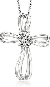 Ross-Simons 0.10 Ct. T.W. Diamond Ribboned Cross Pendant Necklace In Sterling Silver