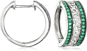 Ross-Simons 0.60 Ct. T.W. Emerald Milgrain Hoop Earrings In Sterling Silver