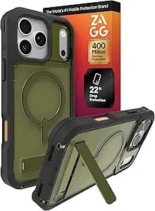 Zagg Rainier Case With Kickstand For Iphone 17 Pro Max - Green Sea Kelp, Graphene 22ft (7m) Drop Protection, Lanyard Attach Points, Magsafe, Wireless Charging Compatible, 2-Piece Design, Phone Case