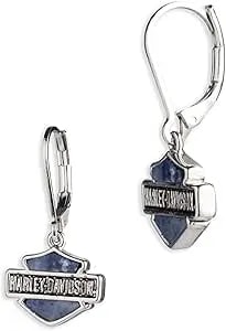 Harley-Davidson Women'S Bar & Shield Stone Drop Earrings, Blue & Silver