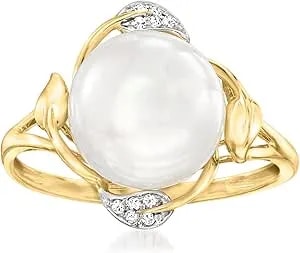 Ross-Simons 10-10.5mm Cultured Pearl Leaf Ring With Diamonds In 14kt Yellow Gold