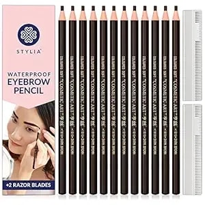 Stylia Waterproof Eyebrow Pencils For Women – Long-Lasting Microblading Supplies Brow Pencil, Perfect For Eyebrow Shaper, Filling & Defining Natural-Looking Brow - (12pc Dark Brown)