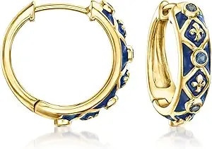 Ross-Simons 0.30 Ct. T.W. Sapphire And Blue Enamel Fleur-De-Lis Hoop Earrings In 18kt Gold Over Sterling