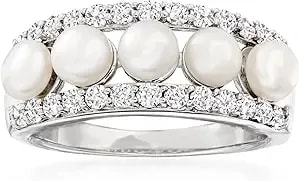 Ross-Simons 4.5mm Cultured Pearl And .70 Ct. T.W. White Topaz Ring In Sterling Silver