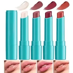 Fyeboo 4pcs Hydrating Lip Tint Lipstick Set Of Red And Nude, Long-Lasting Matte Finish Moisturizing Tinted Lip Balm, Natural Ingredients Vitamin E Watery Lip Gloss Lipstick For Women And Girls