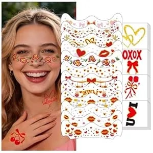 28 Pairs Glitter Bowknot Lips Face Makeup Patches, Love Heart Eyeliner Stickers Decals, Bear Cherry Tiny Temporary Tattoo For Women Girls Fake Tattoos Date Party Supplies