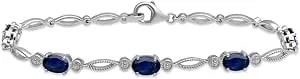 Jewelili Sterling Silver Created Blue Sapphire Oval Bracelet, 7.5"