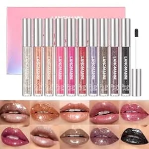 Langmanni 10 Colors Diamond Glitter Lip Gloss Set,Long Lasting High Shine Shimmer Liquid Lipstick Set,Hydrating,Moisturizing Lip Gloss Kit Gift Makeup For Girls