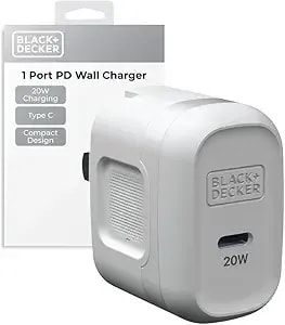 Black+Decker Gan Pd Wall Charger, 1-Port 20w Type C Wall Plug, Compact Power Block Usb C, Type-C Fast Charging For Iphone 17/16/15 Usbc Charging Block Perfect For Home, Office, Travel