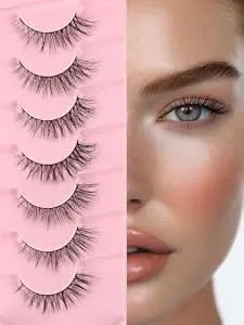 Eyelashes Natural Cat Eye Lashes 15mm Wispy Eyelashes Flared Fluffy Strip Lashes 0.1mm Thin Band False Eyelashes C Curl Lashes Siligli Eye Lashes Pack 7 Pair