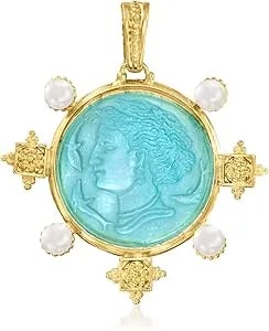 Ross-Simons Italian Tagliamonte Blue Venetian Glass Pendant With 5-6mm Cultured Pearls In 18kt Gold Over Sterling