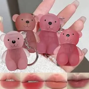 Baorder 4pcs Velvet Matte Liquid Lipstick Set,Cute Bear Korean Lip Gloss - 2 In 1 Key Chain Lip Clay,Long Lasting,Waterproof Lip Stain,Lip Glaze Natural Lip Makeup