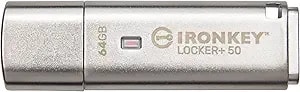 Kingston Ironkey Locker+ 50 64gb Encrypted Usb Flash Drive - Usb 3.2 Gen 1 - Xts-Aes Protection & Taa Compliant - Multi-Password Security Options - Automatic Cloud Backup - Metal Casing - iklp50/64gb