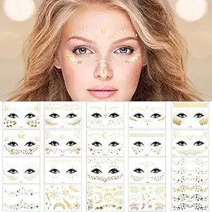 Zonon 20pcs Halloween Gold Glitter Freckle Face Tattoo For Concert Festival