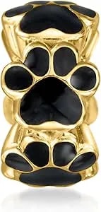 Ross-Simons Black Enamel Paw Print Bead Charm In 18kt Gold Over Sterling