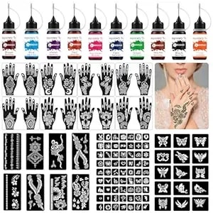 Temporary Tattoo Kit, 10 Bottles Colors Temporary Tattoo Ink, 8 Gloves Stencils, 86 Fun Stencils (Different Sizes) - For Kids, Adults Or Beginners: Body Or Hand Painting, Art Doing, Party Fun Etc