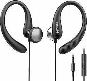 Philips Over The Ear Earbuds, Flexible Wrap Around Earbuds, Around Ear Headphones With Mic Behind The Ear Headphones, Perfect For Sports, Running, Exercise, Gym (Black)