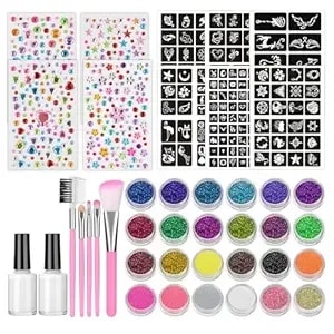 Temporary Glitter Tattoos Kit For Adults 24 Body Glitter, 2 Glue, 5 Brushes, 166 Stencils, 4 Diamond Stickers Halloween Christmas Makeup Kit Birthday Party Festival Supplies