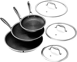 Hexclad Hybrid Nonstick 6-Piece Frying Pan Set, 8, 10 And 12-Inch Frying Pans With Tempered Glass Lids, Stay-Cool Handles, Dishwasher And Oven Safe, Induction Ready, Compatible With All Cooktops