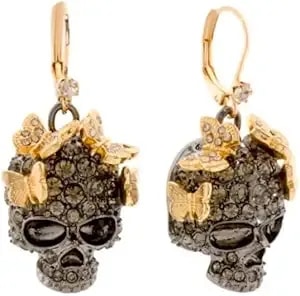 Betsey Johnson Skull Dangle Earrings, Gold Tone And Gunmetal With Crystal Rhinestones, Butterfly Design, Leverback Closure