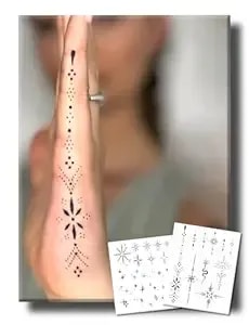 Semi Permanent Tattoo, 2 Weeks Realistic Henna Small Micro Hand Temporary Fake Tattoos For Adult Finger Neck, Waterproof Non-Reflective, Tiny Star Flower Tattoos For Gift, 2 Sheets