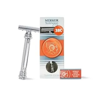 Merkur 38c Double Edge Safety Razor - Bright Chrome, Extra Large Barber Pole Grip Brass Handle, Made In Germany, Plastic-Free, Two Piece Design, Closed Comb, Straight Bar
