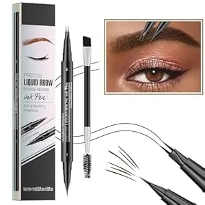 Pinkiou Eyebrow Pen,Microblading Eyebrow Pen,2-In-1 Waterproof Eyebrow Pen,Dual-Ended Eyebrow Pen With 2-Fork-Tips And Precision Brush,Eyebrow Pen For Natural Hair-Like Brows,Long Lasting,Dark Brown