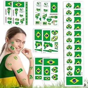 104 Pcs World Soccerg Lass Temporary Tattoos, Brazil Flag Tattoo Stickers - 3 Sizes Waterproof Patriotic Flag Face Tattoos For Soccer Fans, Independence Day Celebration, Game Day Party Decorations