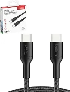 Belkin Gaming Usb C To Usb C Cable 60w (6.6ft), Braided Type C Charger Fast Charging For Nintendo Switch 2, Iphone 16, Iphone 15, Ipad, Macbook Air, Chromebook, Samsung Galaxy s25 Ultra, Etc. - Black