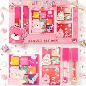 Cute Bear Makeup Gift Set For Girls Teens – Lip Gloss, Blush & 9 Color Eyeshadow Palette – Cute Makeup Kit For Beginners – Adorable Beauty Box For Birthday Or Christmas Gift