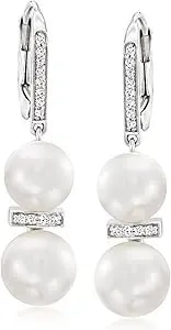 Ross-Simons 7.5-9mm Cultured Pearl And .15 Ct. T.W. Diamond Drop Earrings In Sterling Silver